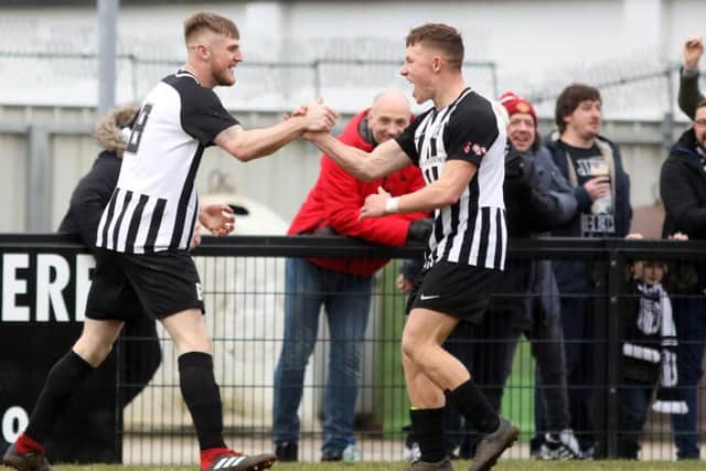 Connor Kennedy and Jordon Crawford celebrate the former's goal, which proved to be the winner as Corby Town beat Didcot Town 3-2 at Steel Park. Pictures by Alison Bagley
