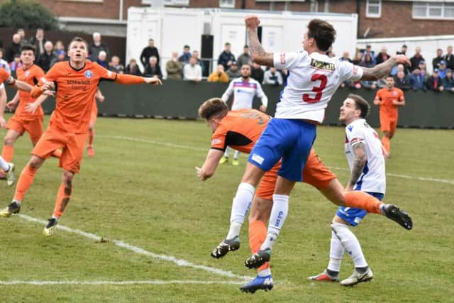 Jack Ashton was on target with this far-post header as AFC Rushden & Diamonds drew 1-1 with Leiston at the weekend. Picture courtesy of HawkinsImages