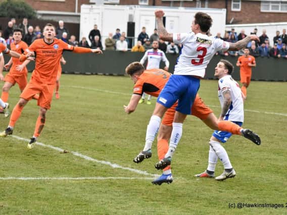 Jack Ashton was on target with this far-post header as AFC Rushden & Diamonds drew 1-1 with Leiston at the weekend. Picture courtesy of HawkinsImages