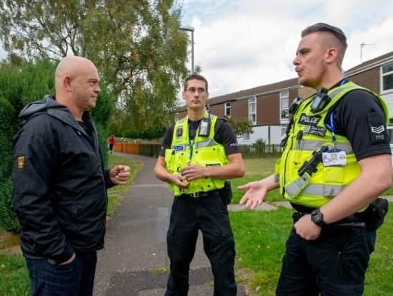 Ross Kemp with PC Rob Monk and PC Gary Liddle in Appleby Walk