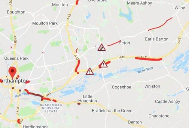 The A45 near Earls Barton was still severely congested at about 9.20am