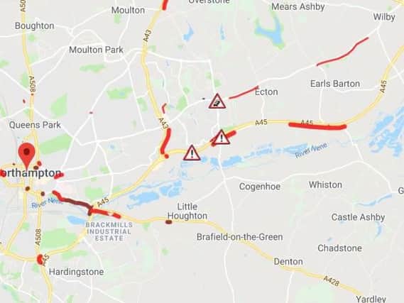 The A45 near Earls Barton was still severely congested at about 9.20am