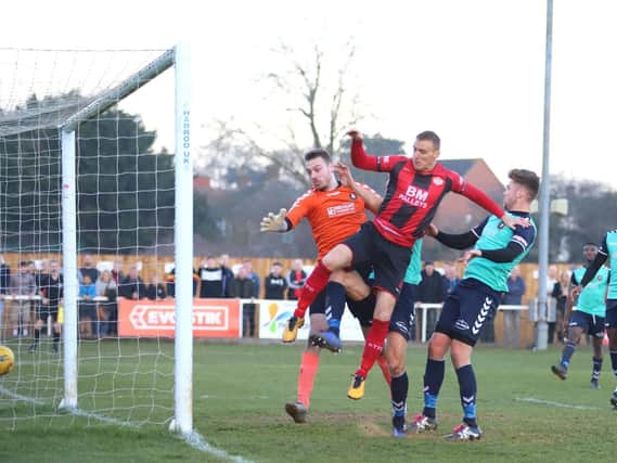 It was Brett Solkhon's turn to be the late hero for Kettering Town as this goal earned them a 2-1 victory over Rushall Olympic last weekend. Picture by Peter Short