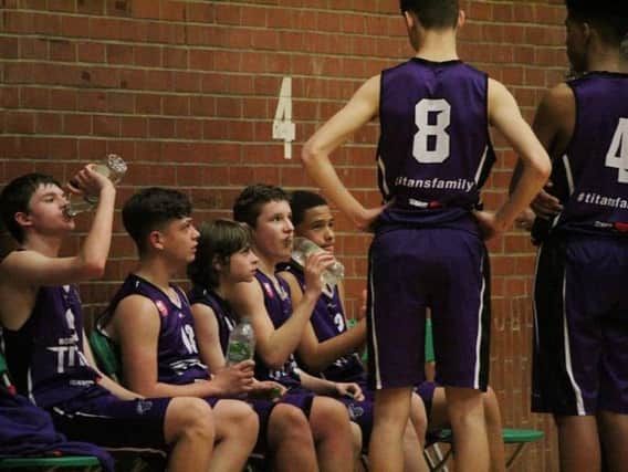 NEBC Titans talk things over during a break in their U14 North Premier League victory over Leicester Riders
