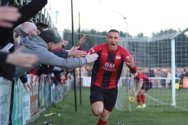 Brett Solkhon's late goal against Rushall Olympic helped send Kettering Town eight points clear at the top of the table. Picture by Peter Short
