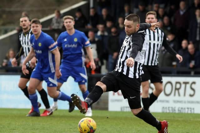 Steve Diggin, who scored his third goal in three games, in action during Corby Town's 3-1 home defeat to Peterborough Sports. Pictures by Alison Bagley