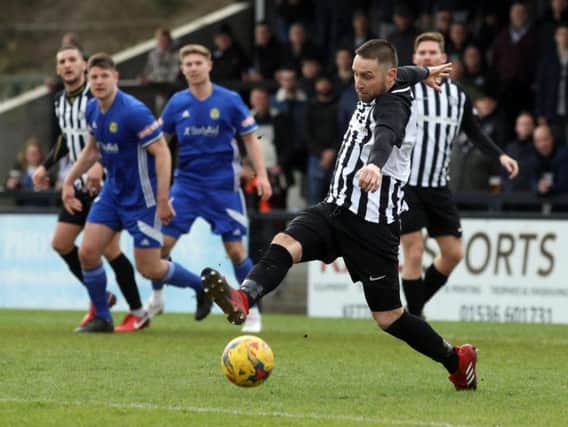 Steve Diggin, who scored his third goal in three games, in action during Corby Town's 3-1 home defeat to Peterborough Sports. Pictures by Alison Bagley