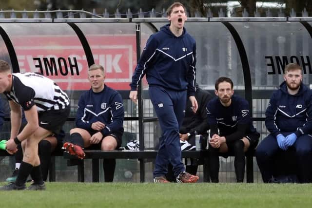 Corby Town boss Steve Kinniburgh shouts out some instructions during the 3-1 home defeat to Peterborough Sports. Pictures by Alison Bagley