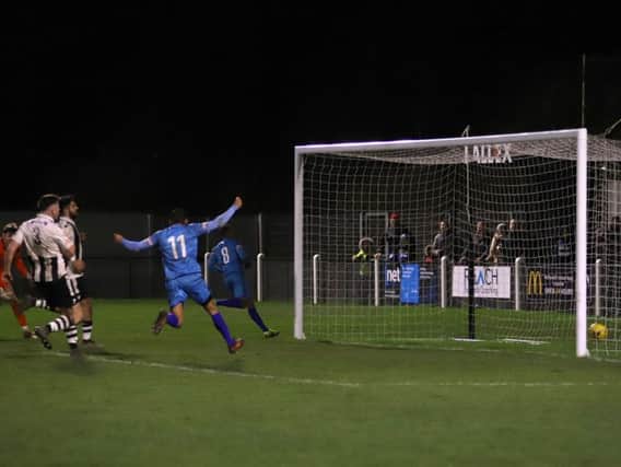 It needed this last-gasp goal to earn Kettering Town a share of the points in the reverse fixture with Coalville Town in January. The two teams meet again at Latimer Park this evening. Picture by Peter Short