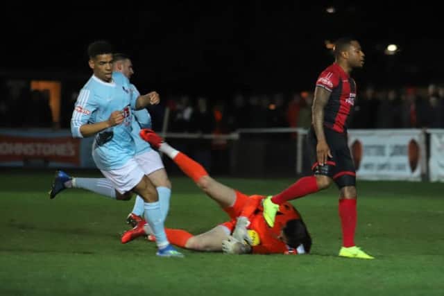 Aaron O'Connor, pictured during the midweek defeat to Coalville Town, will miss Kettering Town's next three matches due to suspension. Picture by Peter Short