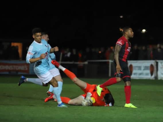 Aaron O'Connor, pictured during the midweek defeat to Coalville Town, will miss Kettering Town's next three matches due to suspension. Picture by Peter Short