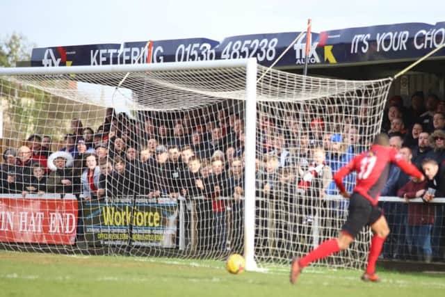Rhys Hoenes scores the Poppies' first goal