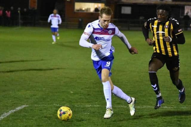 Jack Bowen in action for AFC Rushden & Diamonds during the 2-0 defeat at Rushall Olympic. Picture courtesy of HawkinsImages