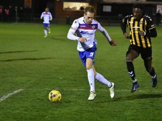 Jack Bowen in action for AFC Rushden & Diamonds during the 2-0 defeat at Rushall Olympic. Picture courtesy of HawkinsImages
