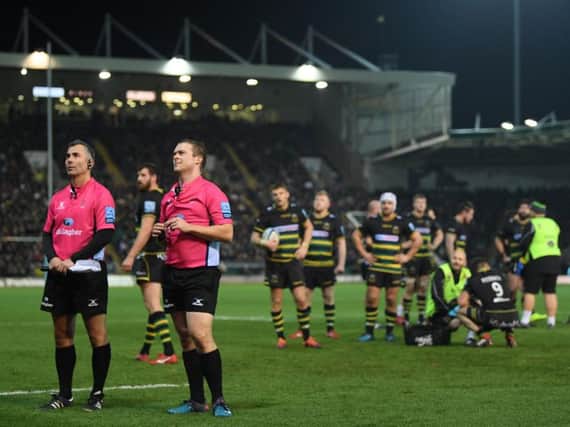 Ian Tempest (second official from the left) will take charge of the Premiership Rugby Cup final at Franklin's Gardens on Sunday