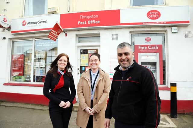 Thrapston postmaster Ricky Ghuman, supervisor Sue Keeble and  Post Office Network Sales Support Manager Nicola Handscombe NNL-190315-203626005