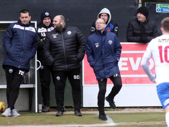 Andy Peaks could afford a smile on the sidelines as AFC Rushden & Diamonds sealed a 2-1 victory over Needham Market at Hayden Road. Pictures by Alison Bagley