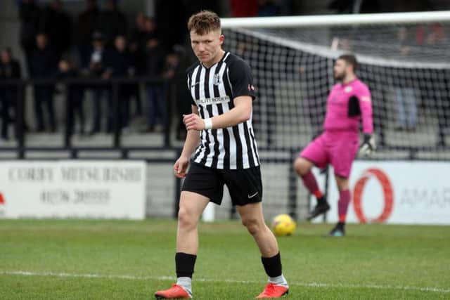 Jordon Crawford hit his first Steel Park hat-trick for Corby Town in last weekend's 5-2 victory over North Leigh. Picture by Alison Bagley
