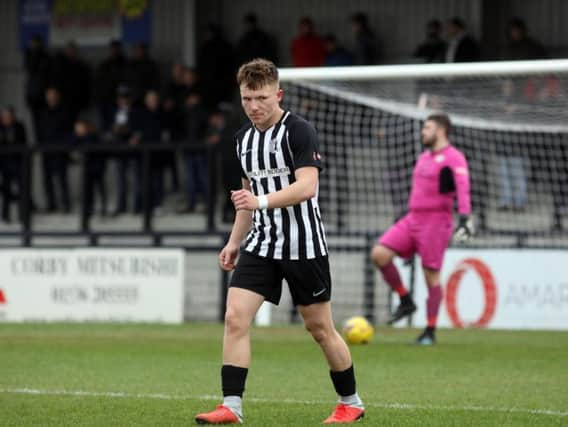 Jordon Crawford hit his first Steel Park hat-trick for Corby Town in last weekend's 5-2 victory over North Leigh. Picture by Alison Bagley