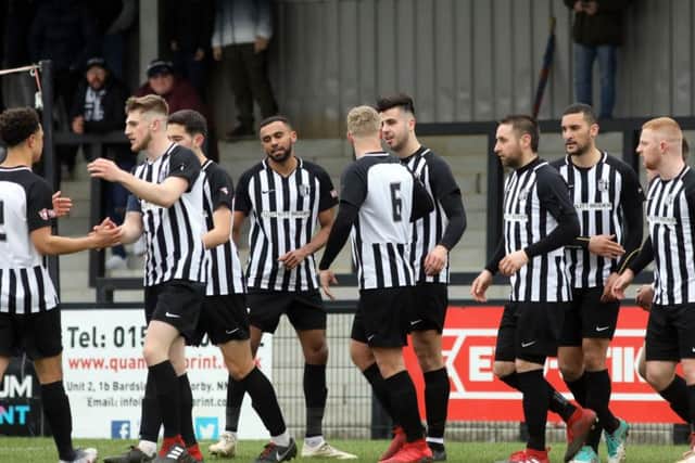 Corby Town celebrate Joel Carta's goal during their 5-2 win over North Leigh at Steel Park last weekend. Picture by Alison Bagley