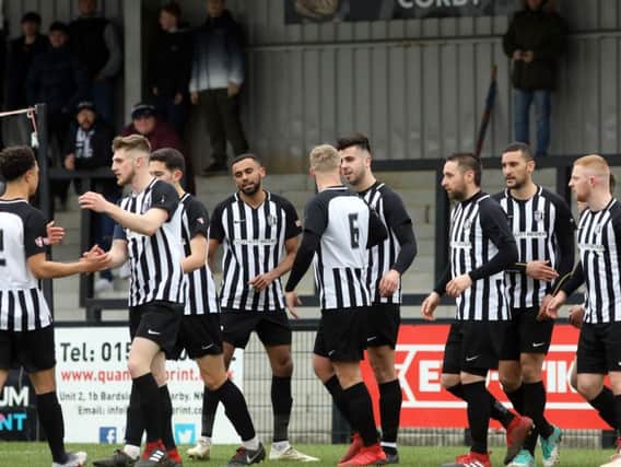 Corby Town celebrate Joel Carta's goal during their 5-2 win over North Leigh at Steel Park last weekend. Picture by Alison Bagley