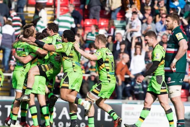 Saints celebrated a long-awaited win at Welford Road last April (picture: Kirsty Edmonds)