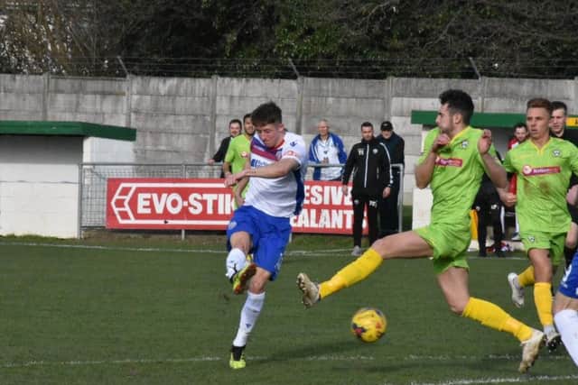 Ben Diamond fires home AFC Rushden & Diamonds' goal in the 1-1 draw at Barwell. Picture courtesy of HawkinsImages