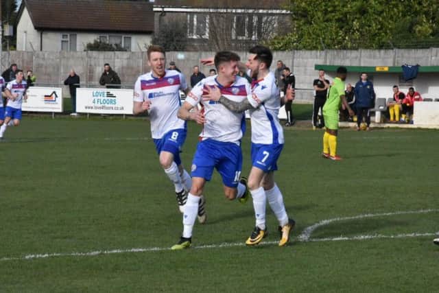 Ben Diamond celebrates scoring AFC Rushden & Diamonds' goal in the 1-1 draw at Barwell. Picture courtesy of HawkinsImages