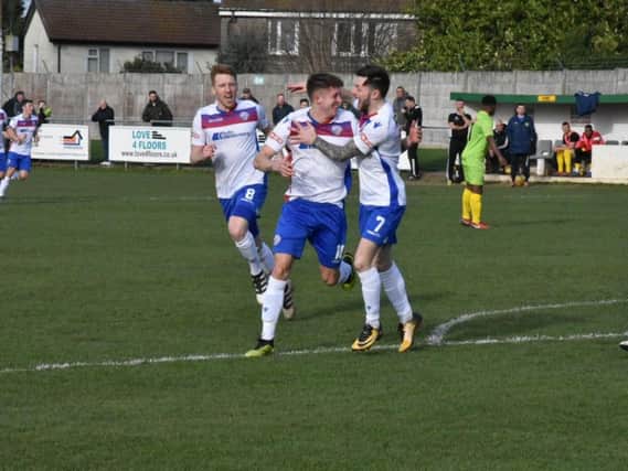 Ben Diamond celebrates scoring AFC Rushden & Diamonds' goal in the 1-1 draw at Barwell. Picture courtesy of HawkinsImages