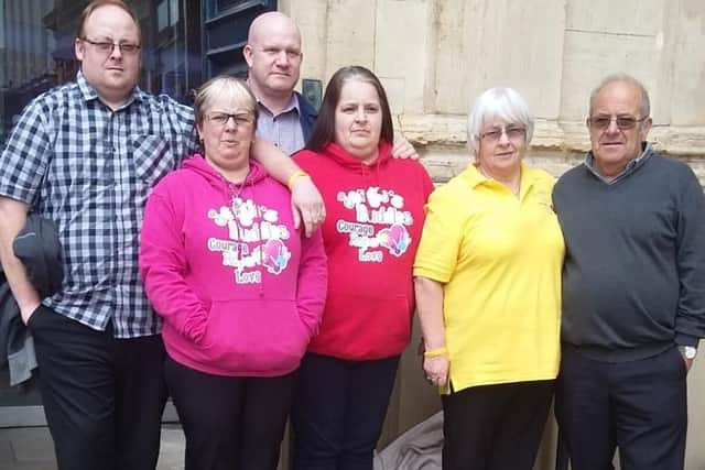Jorgies family following yesterdays inquest. From left: dad Stephen, mum Nicola, uncle Steven and aunty Sally (Nicolas sister), grandparents Zena and Bob.