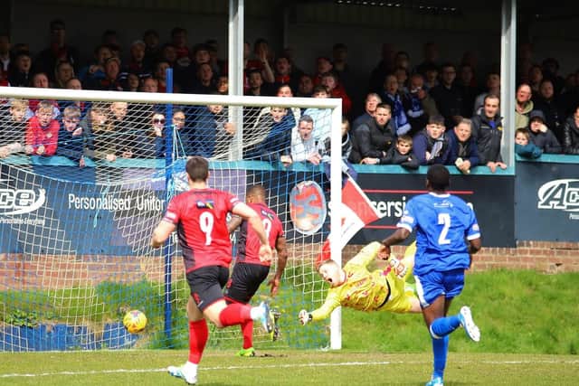 Rhys Hoenes' shot finds the net for the only goal of the game in the Poppies' 1-0 victory at Halesowen Town