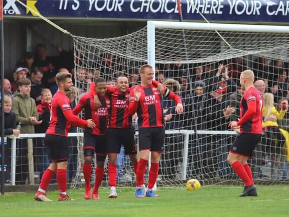 Kettering Town celebrate Aaron O'Connor's goal, which completed the scoring in their 5-1 victory over Stratford Town. Pictures by Peter Short