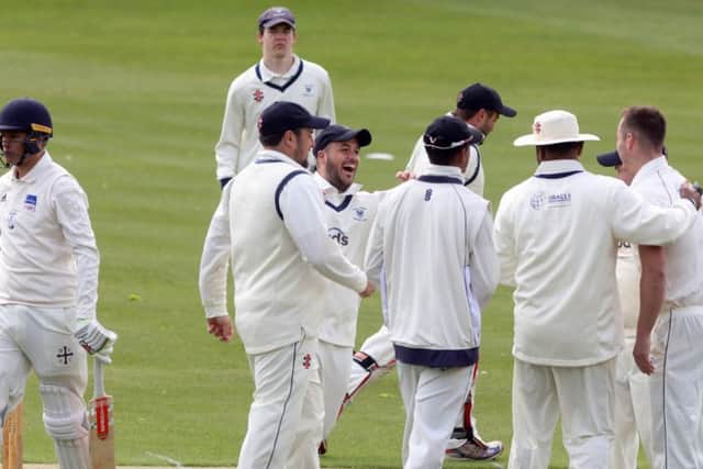 The Wollaston players celebrate a wicket