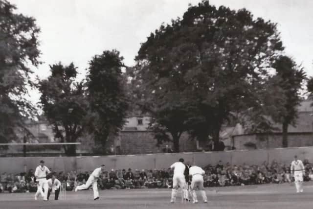 Freddie Brown was impressed by the record gate at Wellingborough School for the match against Yorkshire in 1949.  Bert Nutter is bowling for Northamptonshire with the great Len Hutton  who scored 269 for the visitors  the non-striker
