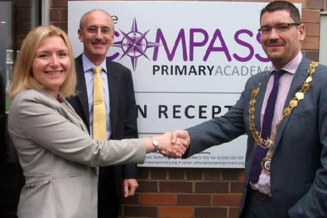 Compass Primary opened in 2016. Pictured at the opening are headteacher Jo Fallowell, Phil Harris-Bridge and the Mayor.