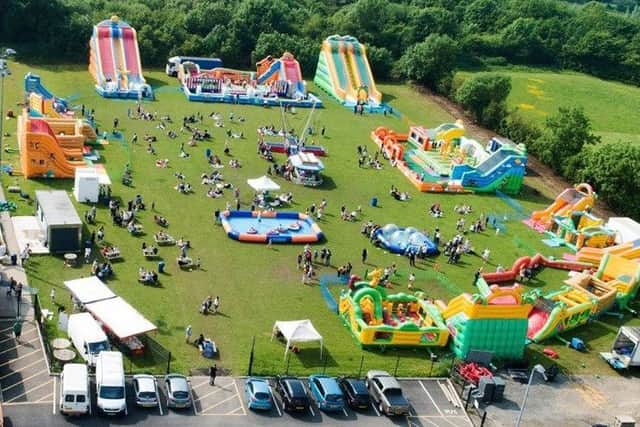 An aerial view of one of the previous inflatable play parks.