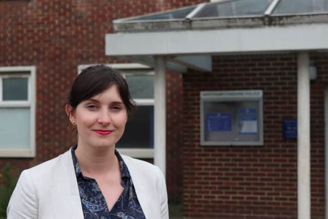 Beth Miller, Labour PPC for Corby, outside the town's empty former police station in Elizabeth Street NNL-190530-165512005
