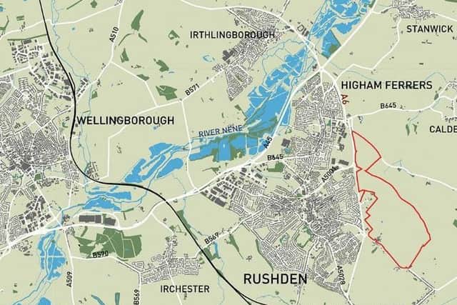 The High Hayden Garden Community site is outlined in red. It is bigger than Irthlingborough just up the A6.