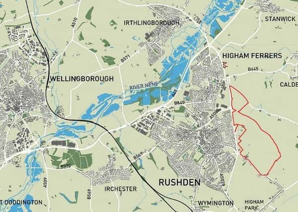 The High Hayden Garden Community site is outlined in red. It is bigger than Irthlingborough just up the A6.