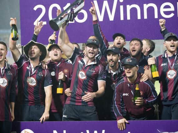 Alex Wakely lifts the T20 trophy at Edgbaston in 2016