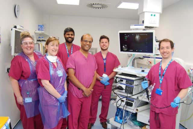 From left, ward sister Jo Sinclair, staff nurse Jayne Haycock, registrar Dr Rahul Patel, consultant physician Dr Raja Reddy, Olympus sales manager Chris Hughes and consultant physician George Tsaknis with the new bronchoscope at Kettering General Hospital.