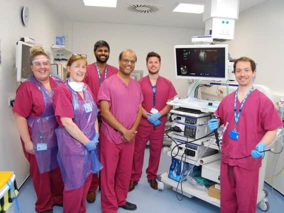 From left, ward sister Jo Sinclair, staff nurse Jayne Haycock, registrar Dr Rahul Patel, consultant physician Dr Raja Reddy, Olympus sales manager Chris Hughes and consultant physician George Tsaknis with the new bronchoscope at Kettering General Hospital.