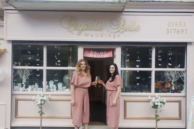 From left, sisters Chantelle Hewitt and Crystal Hoyle, during Saturday's official grand opening event of the Crystelle Belle shop in High Street, Rushden.