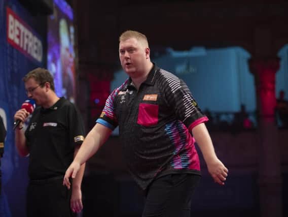 Kettering's Ricky Evans pictured during his 10-7 defeat to Daryl Gurney in the first round of the Betfred World Matchplay. Picture courtesy of Lawrence Lustig/PDC