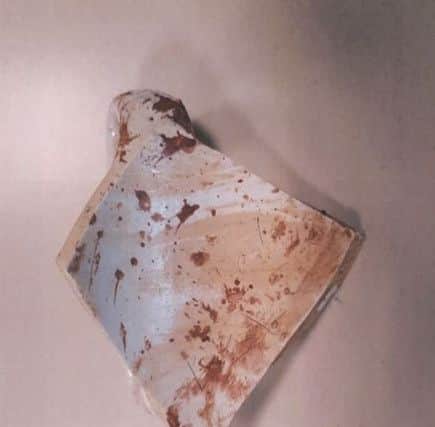 A piece of the smashed mug covered in Ashley Brittin's blood NNL-190725-142757005