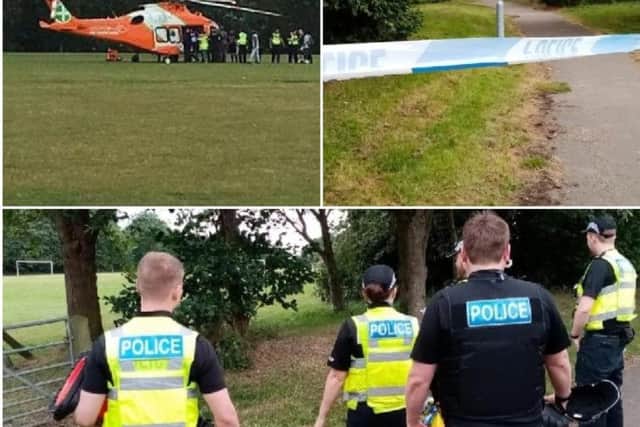 Emergency services on the playing field by Pennycress Place after a man was shot and stabbed