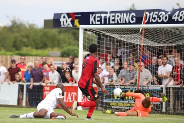 Dan Nti scores Kettering's winning goal on his league debut at Latimer Park
