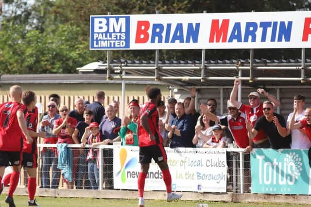 Dan Nti celebrates after he gave Kettering Town an early lead from the penalty spot in the 2-1 win over Alfreton Town. Pictures by Peter Short