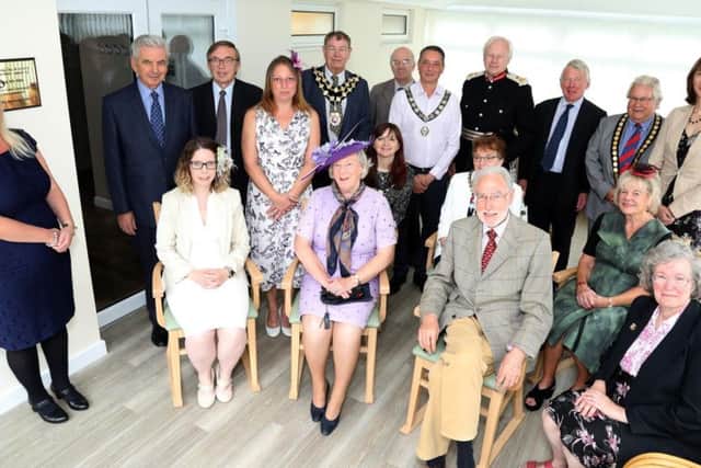 Serve's new conservatory: members of Serve pictured with representatives of local councils, charitable organisations that donated to the build and the Lord Lieutenant and his wife, Mr and Mrs David Laing