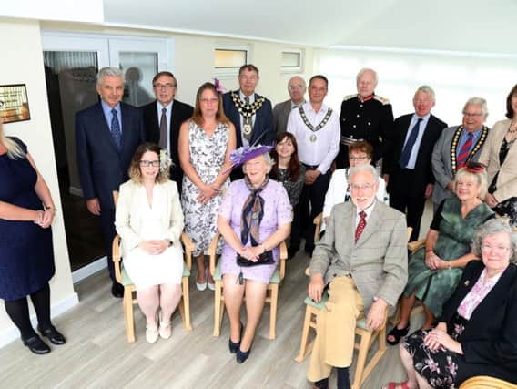 Serve's new conservatory: members of Serve pictured with representatives of local councils, charitable organisations that donated to the build and the Lord Lieutenant and his wife, Mr and Mrs David Laing